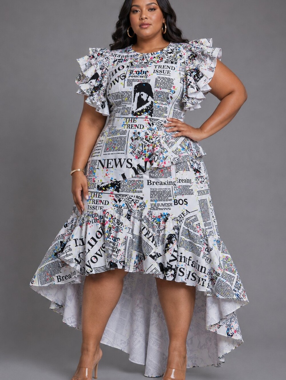 White Newspaper Print High-Low Ruffle Dress